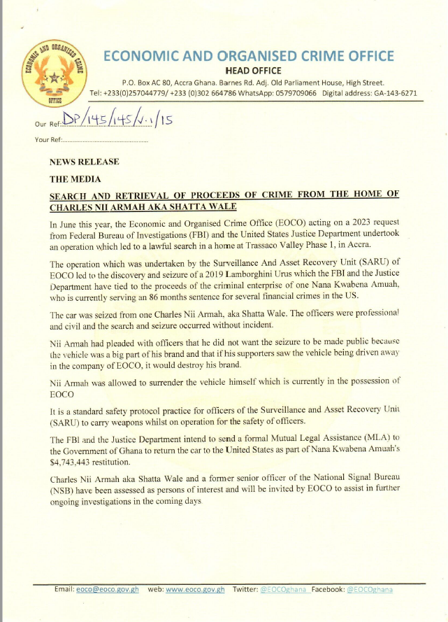 NEWS RELEASE CHARLES NII ARMAH AKA SHATTA WALE
