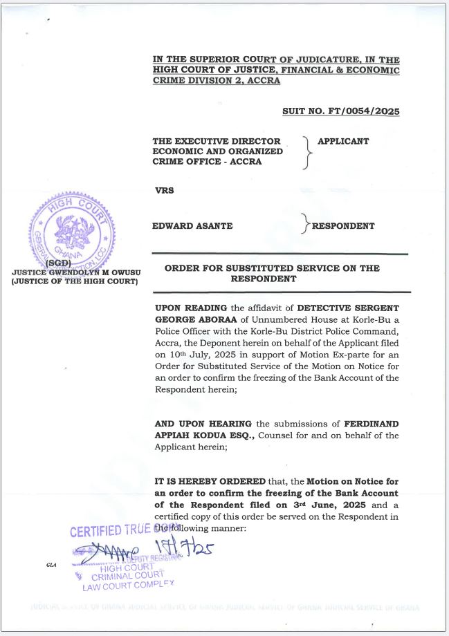 ORDER FOR SUBSTITUTED SERVICE EOCO VRS EDWARD ASANTE