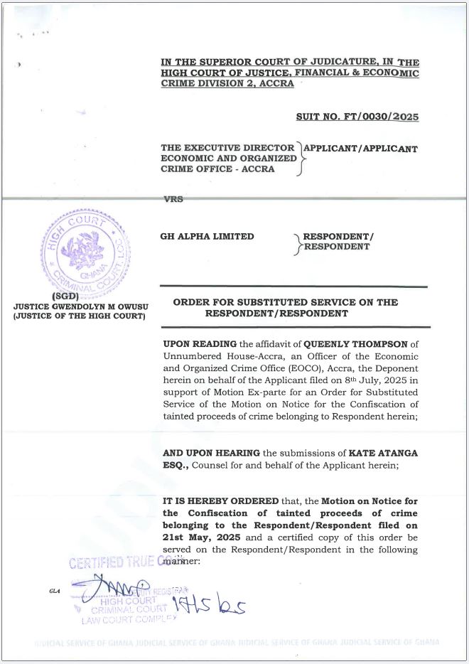 ORDER FOR SUBSTITUTED SERVICE EOCO VRS GH ALPHA LIMITED