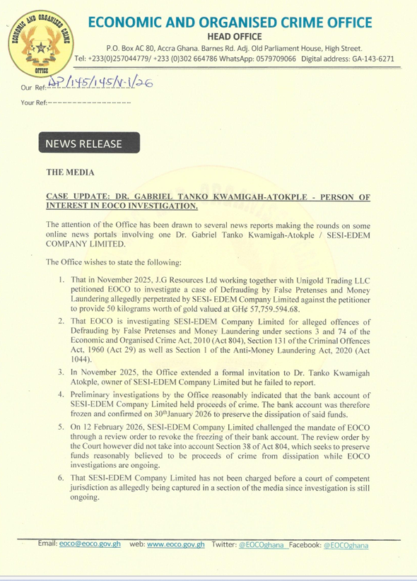 NEWS RELEASE CASE UPDATE DR. GABRIEL TANKO