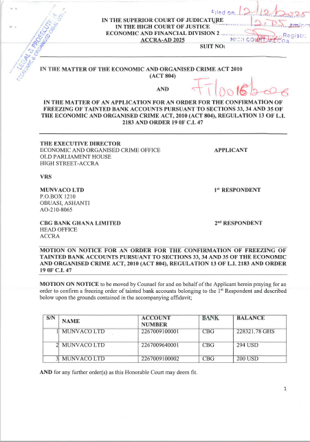 MOTION ON NOTICE MUNVACO LTD