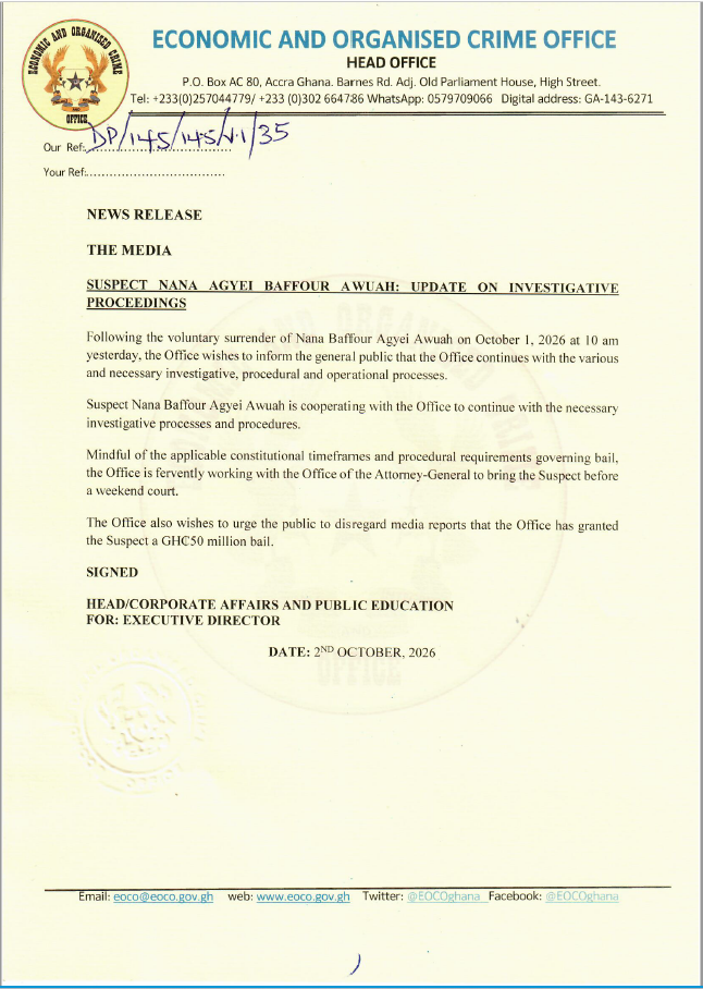 News Release Baffour Awuah update on Investigation