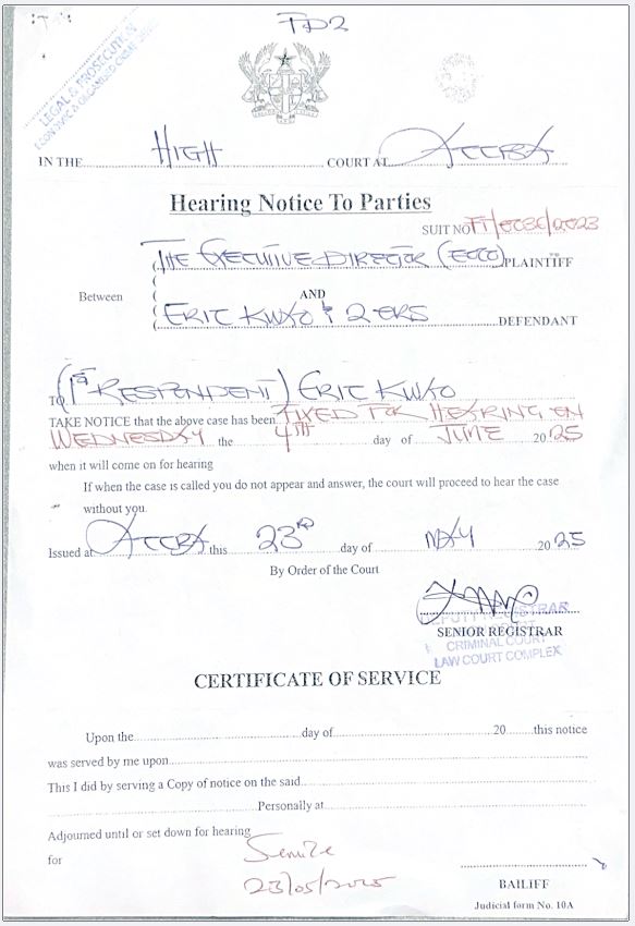 hearing notice eoco vs eric kwao