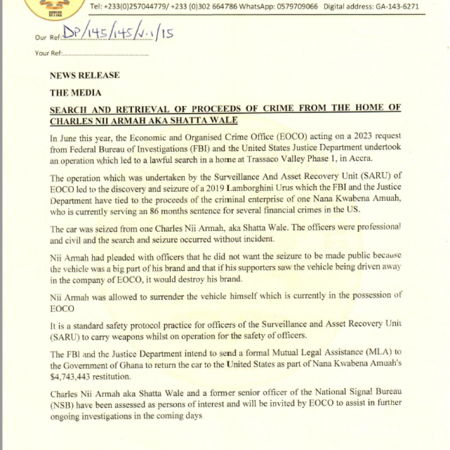 NEWS RELEASE (CHARLES NII ARMAH) AKA SHATTA WALE