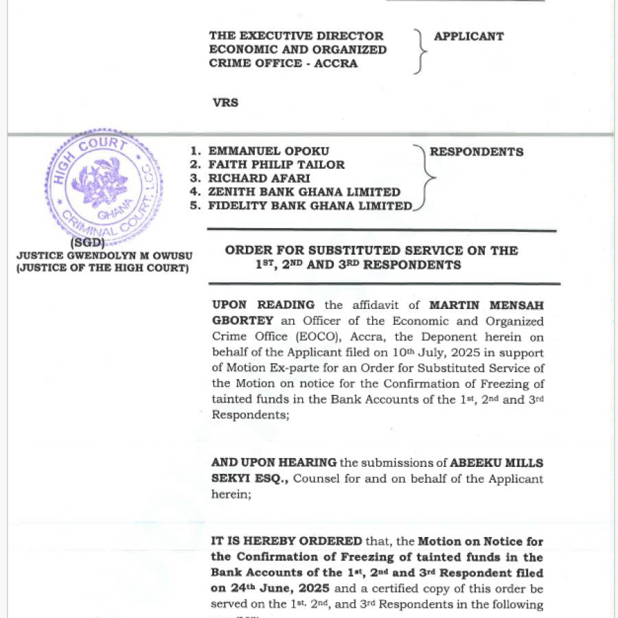 ORDER FOR SUBSTITUTED SERVICE (EOCO VRS EMMANUEL OPOKU AND OTHERS)