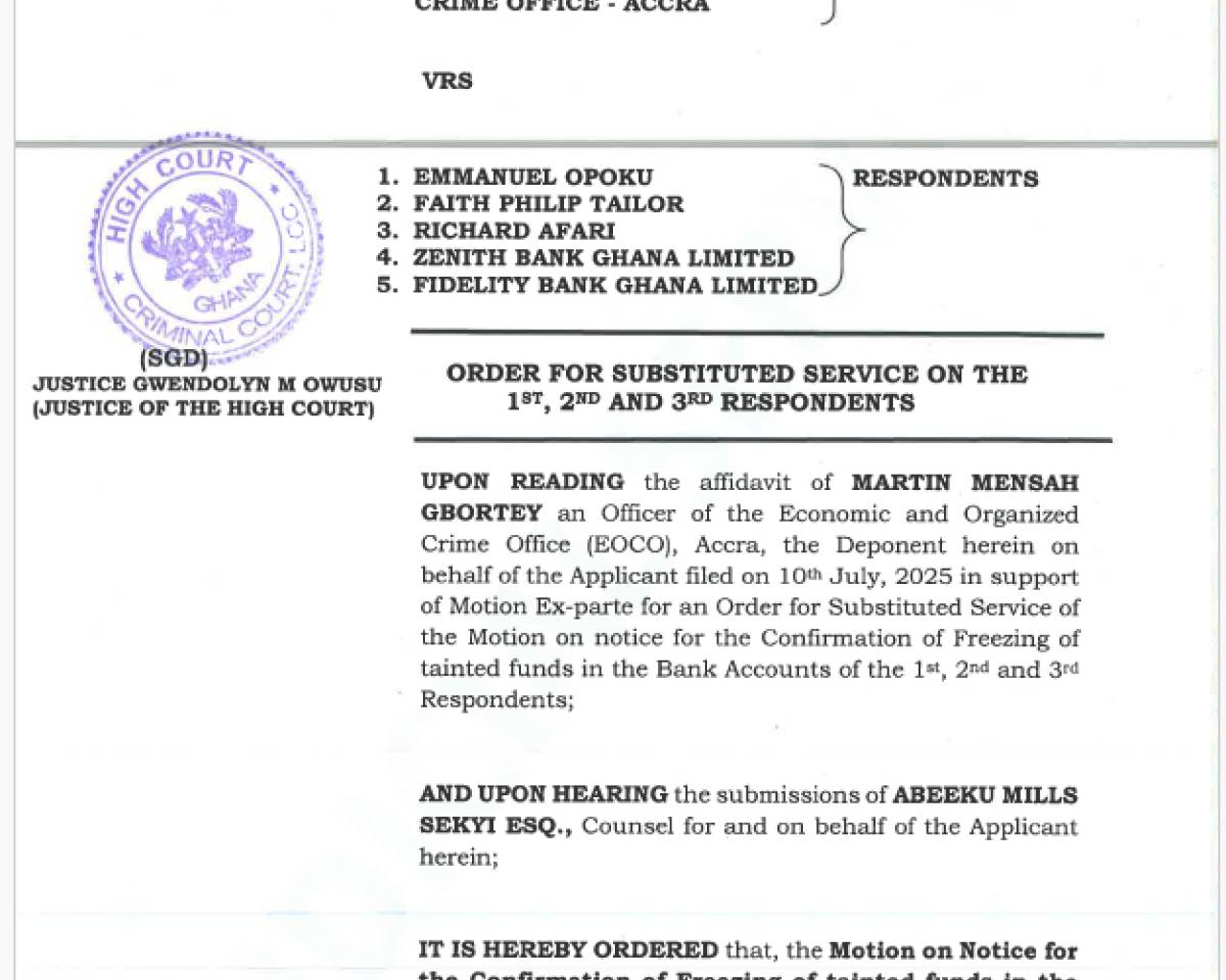 ORDER FOR SUBSTITUTED SERVICE (EOCO VRS EMMANUEL OPOKU AND OTHERS)