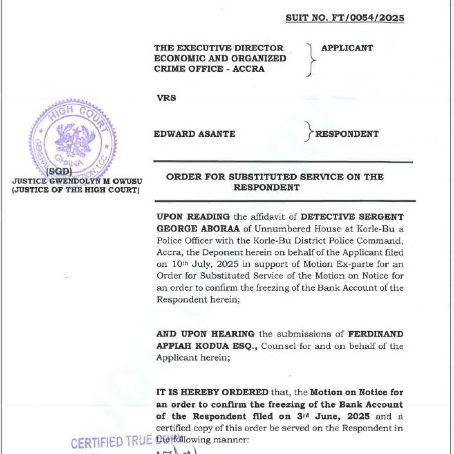 ORDER FOR SUBSTITUTED SERVICE (EOCO VRS EDWARD ASANTE)