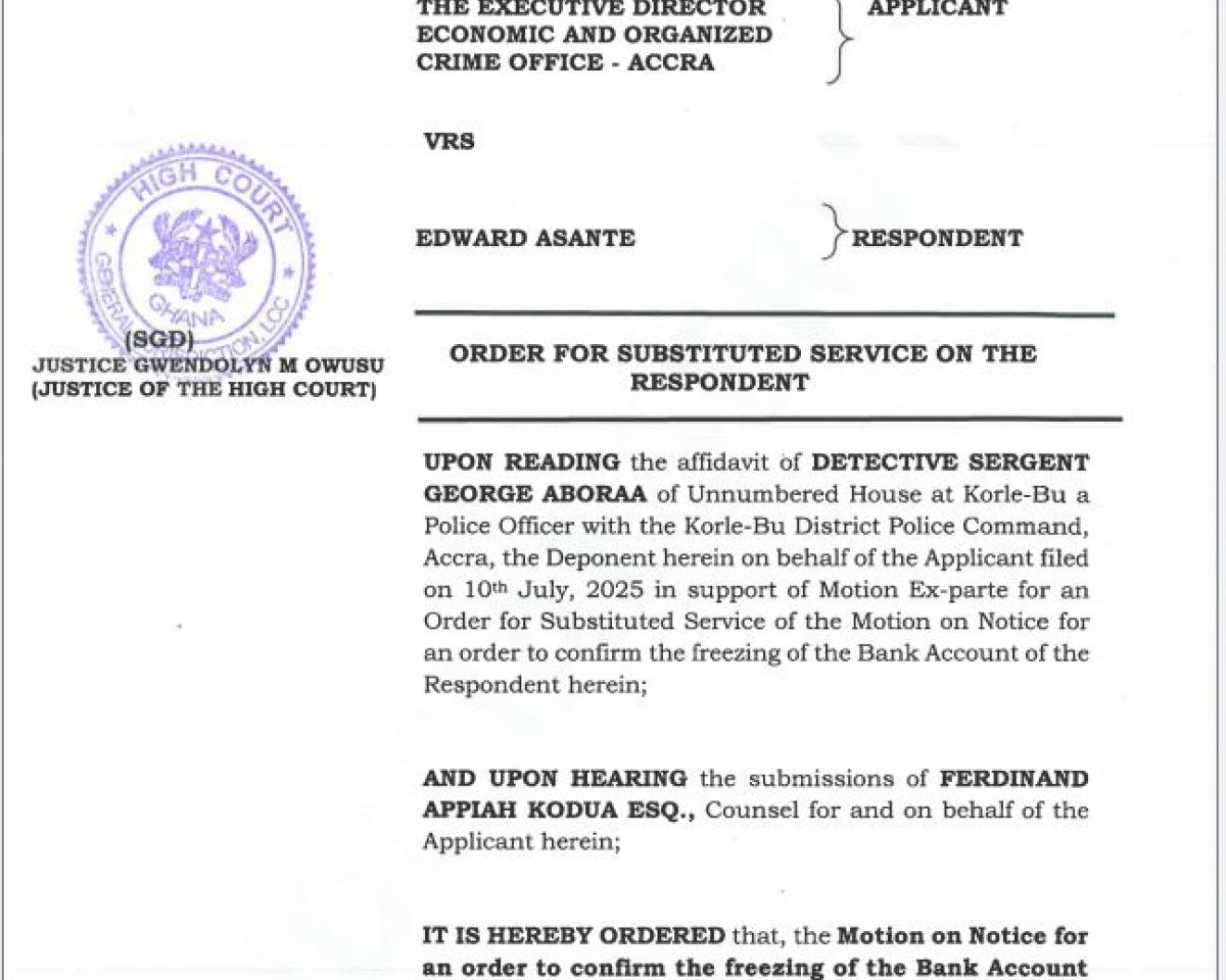 ORDER FOR SUBSTITUTED SERVICE (EOCO VRS EDWARD ASANTE)
