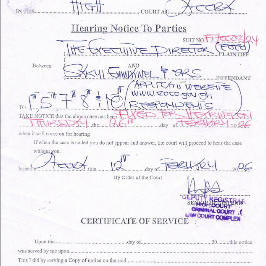 HEARING NOTICE TO PARTIES  (EOCO  AND SAKYI EMMANUEL AND OTHERS)