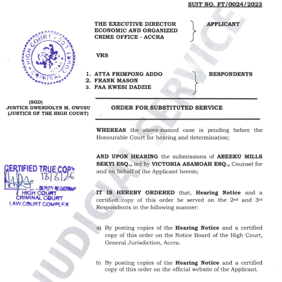 ORDER FOR SUBSTITUTED SERVICE (EOCO VRS. ATTA FRIMPONG ADDO AND OTHERS) 
