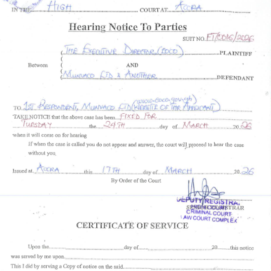 HEARING NOTICE TO PARTIES  (EOCO  AND MUNVACO LTD AND OTHERS)