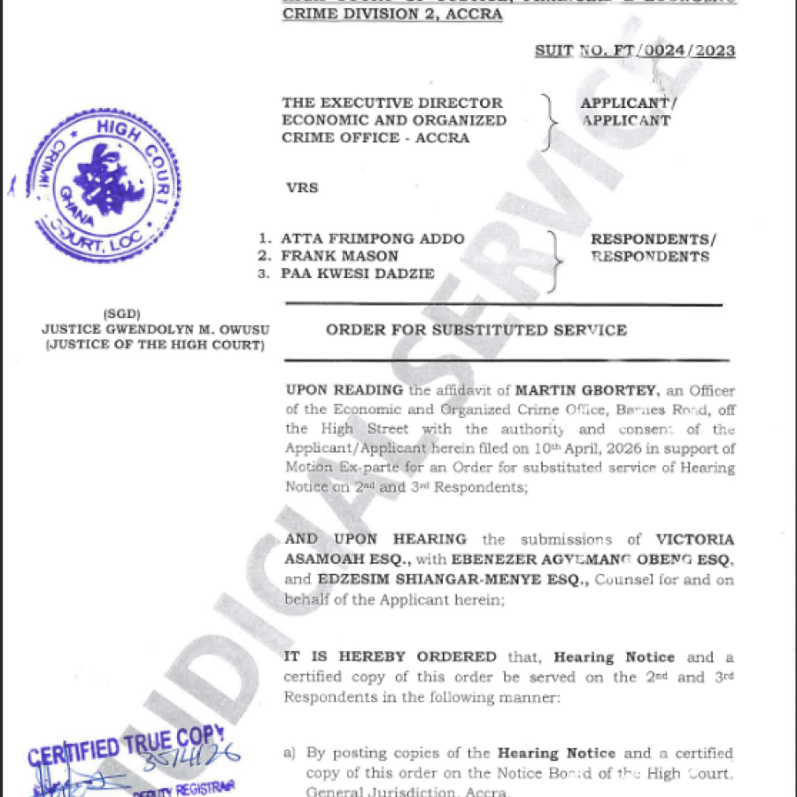 ORDER FOR SUBSTITUTED SERVICE (EOCO VRS. ATTA FRIMPONG ADDO AND OTHERS)