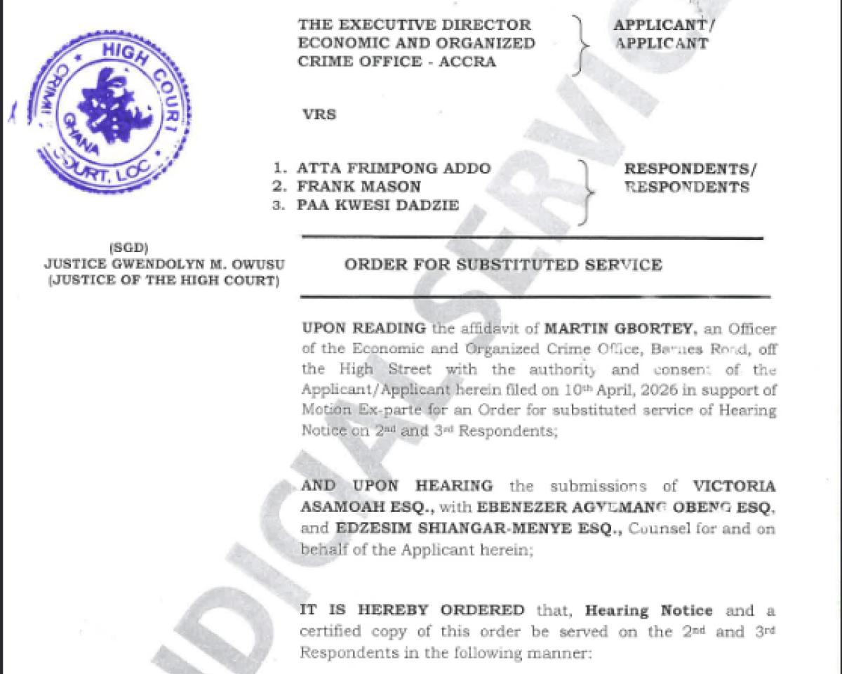 ORDER FOR SUBSTITUTED SERVICE (EOCO VRS. ATTA FRIMPONG ADDO AND OTHERS)