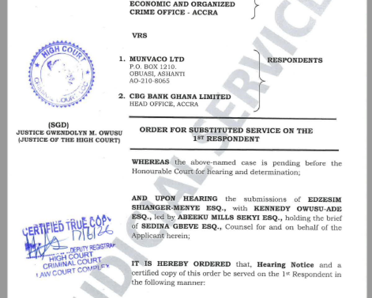 ORDER  FOR SUBSTITUTED SERVICE  (EOCO VRS MUNVACO LTD AND OTHERS)