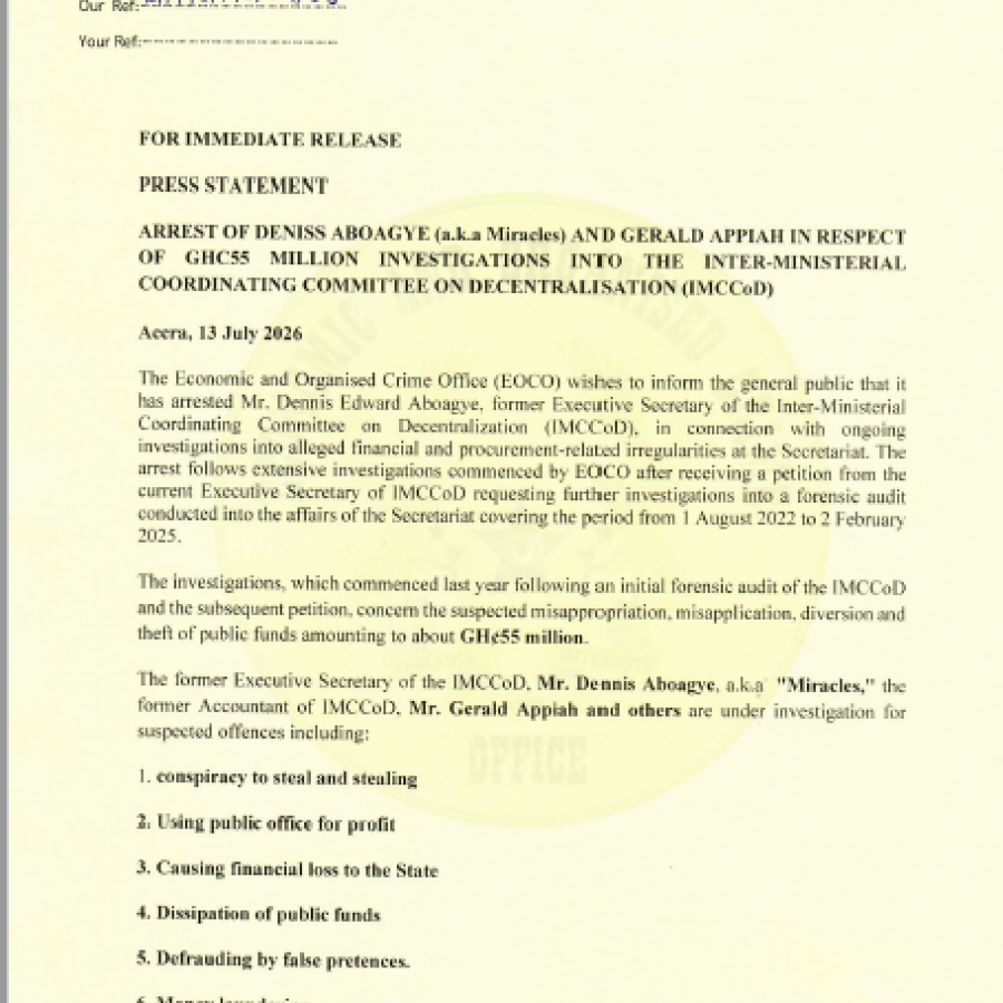 PRESS STATEMENT -ARREST OF DENNIS ABOAGYE (aka Miracles) AND GERALD APPIAH IN RESPECT OF GH ¢ 55 MILLION INVESTIGATIONS INTO THE INTER-MINISTERIAL COOORDINATING COMMITTEE ON DECENTRALISATION (IMCCoD) 