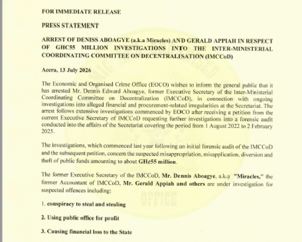 PRESS STATEMENT -ARREST OF DENNIS ABOAGYE (aka Miracles) AND GERALD APPIAH IN RESPECT OF GH ¢ 55 MILLION INVESTIGATIONS INTO THE INTER-MINISTERIAL COOORDINATING COMMITTEE ON DECENTRALISATION (IMCCoD) 