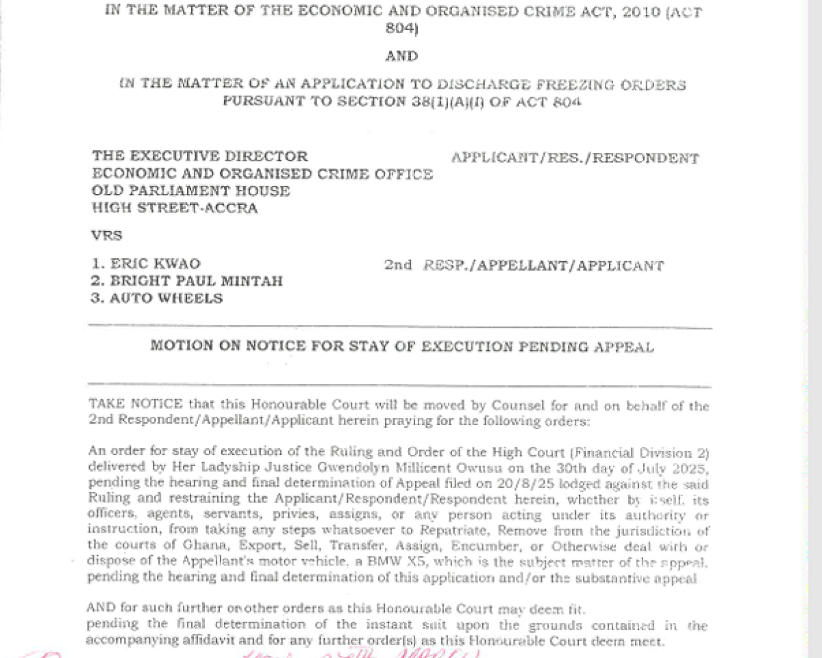 MOTION ON NOTICE FOR STAY OF EXECUTION PENDING APPEAL (EOCO VRS ERIC AND OTHERS)
