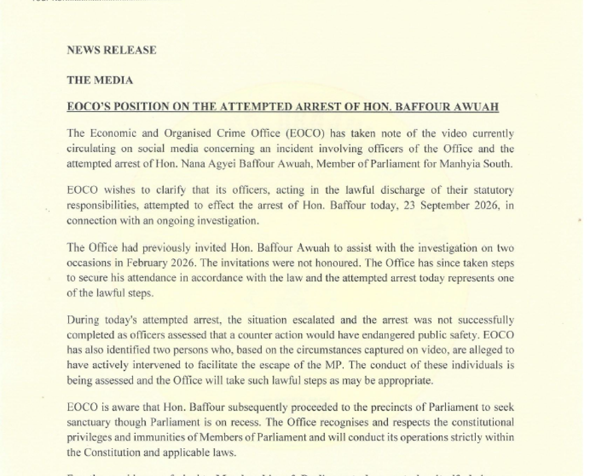EOCO'S POSITION ON THE ATTEMPTED ARREST OF HON. BAFFUOR AWUAH